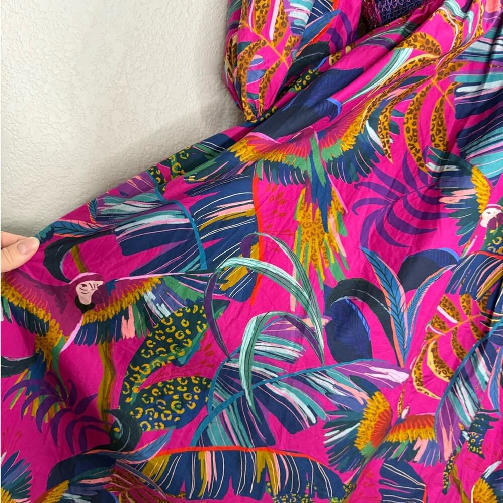 NWT FARM Rio Rainbow Macaws Smocked Puff Sleeve Midi Dress Tropical Resortwear - Picture 8 of 11